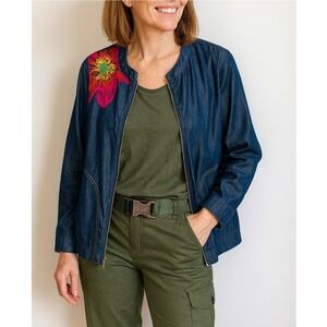 Peck & Peck Floral Embroidered Denim Zip Jacket Women's Size S‎ Lightweight